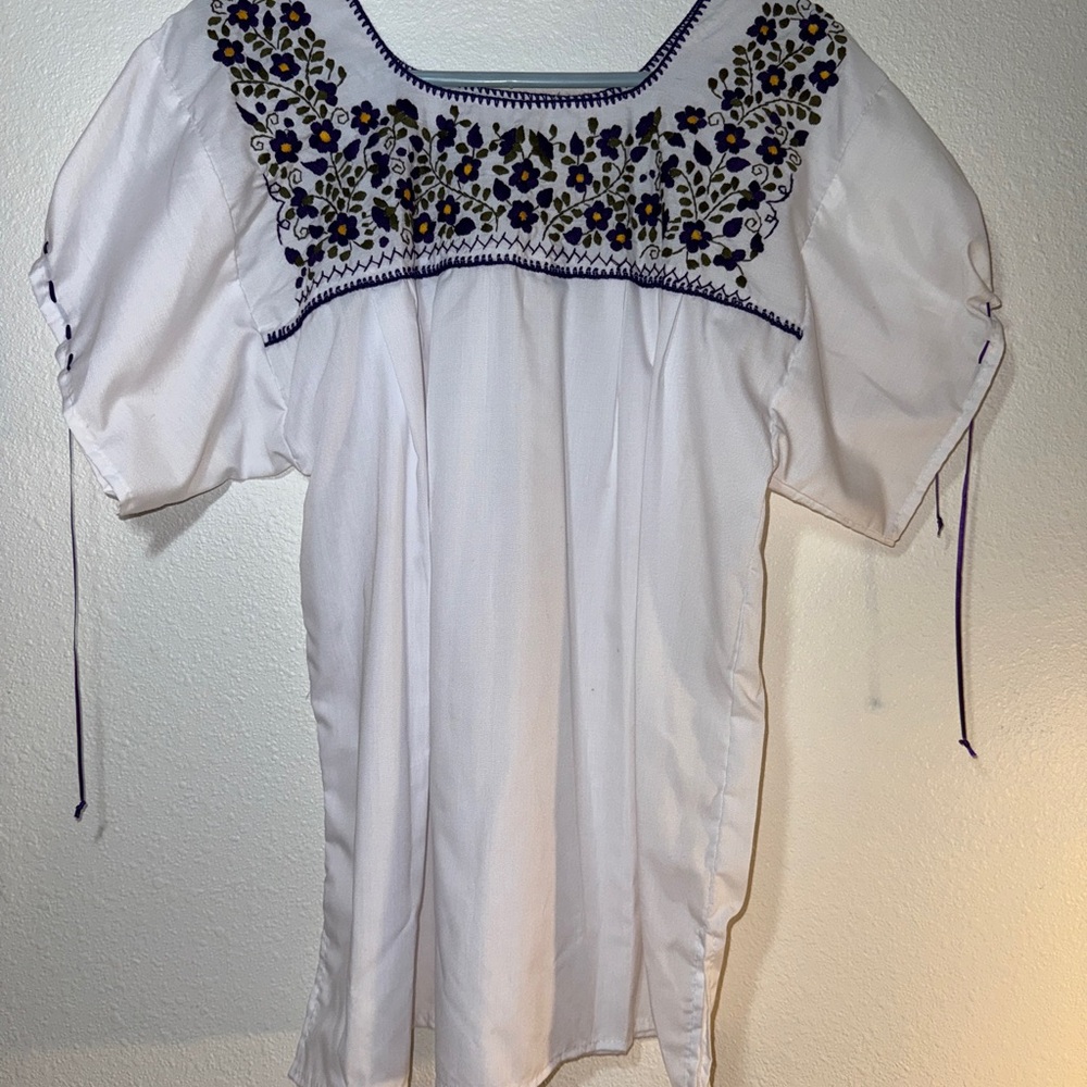 Traditional Mexican Embroidered floral blouse summer beach cover up